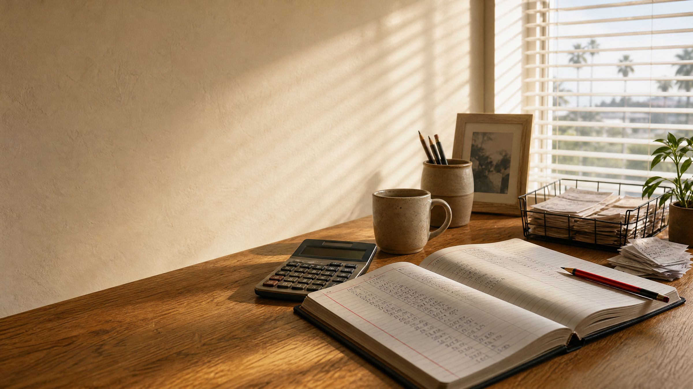 Warm Oxnard bookkeeping workspace with an open ledger, calculator, receipts, and red pencil